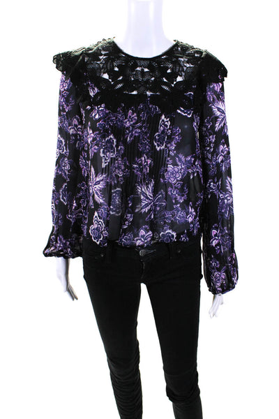 Veronica Beard Womens Back Zip Long Sleeve Sheer Silk Floral Top Black Purple 0