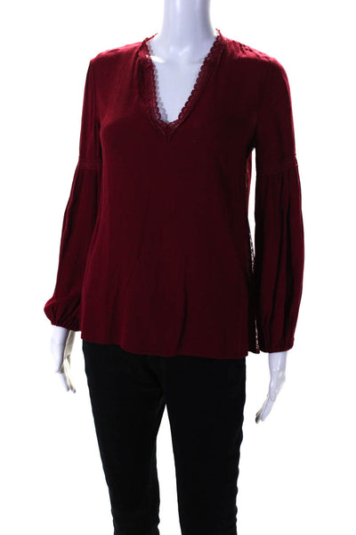 Alice + Olivia Womens Red Lace Trim V-Neck Long Sleeve Blouse Top Size XS