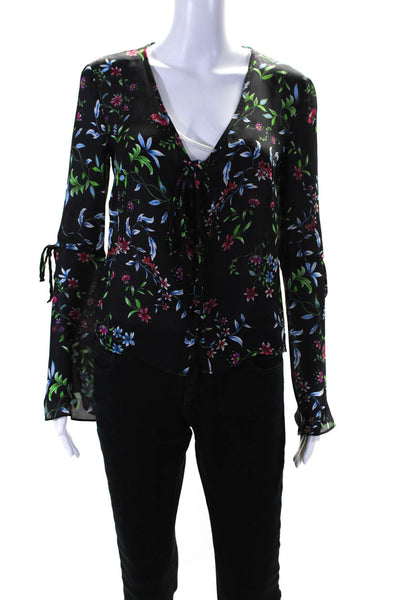 Milly Womens Black Silk Floral Scoop Neck Long Sleeve Blouse Top Size S