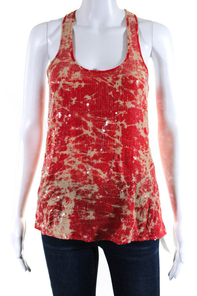 Parker Womens Silk Abstract Print Sequined Tank Top Red Beige Size Extra Small