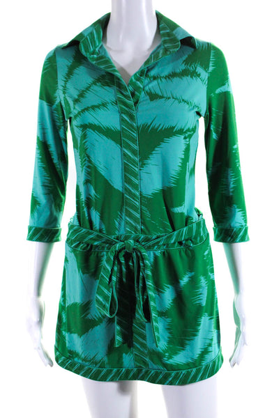 BCBGMAXAZRIA Womens Printed Collared Belted Dress Blue Green Size Extra Small