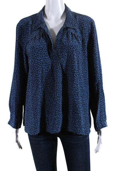 Gerard Darel Womens Long Sleeve Leopard Print Collared Top Blouse Blue Silk FR46