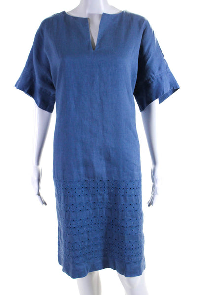 Lafayette 148 New York Womens Embroidered Y Neck Shift Dress Blue Linen Large