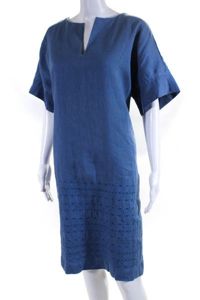 Lafayette 148 New York Womens Embroidered Y Neck Shift Dress Blue Linen Large