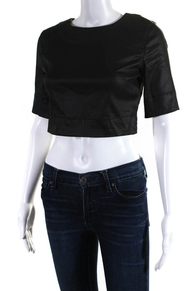 3x1 NYC Womens Back Zip Short Sleeve Coated Cropped Shirt Black Cotton Size XS
