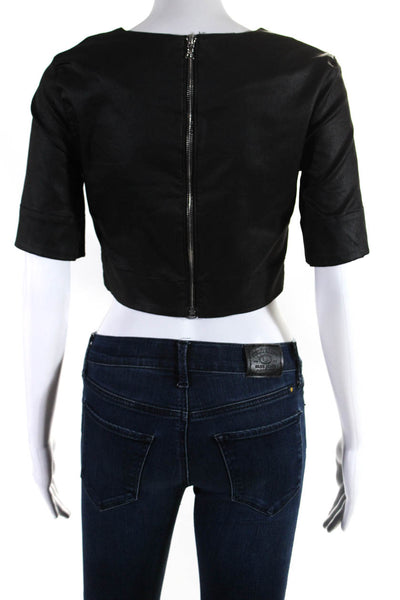3x1 NYC Womens Back Zip Short Sleeve Coated Cropped Shirt Black Cotton Size XS