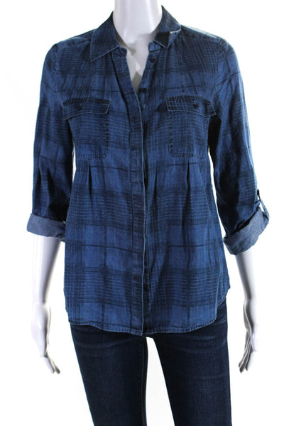 Joie Womens Button Front 3/4 Sleeve Collared Plaid Shirt Blue Cotton Size XS