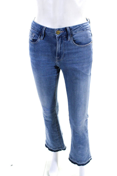 Frame Denim Womens High Rise Fringe Mini Boot Cut Jeans Blue Cotton Size 25