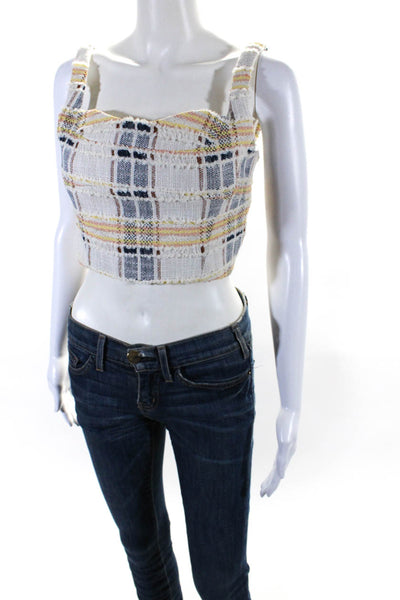 Veronica Beard Womens Back Zip Square Neck Woven Crop Top White Blue Size 0