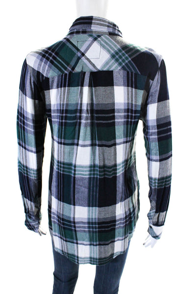 Rails Womens Button Front Long Sleeve Collared Plaid Shirt White Green Blue XS