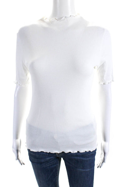 Frame Womens Short Sleeve Crew Neck Ribbed Knit Tee Shirt White Cotton Size XS