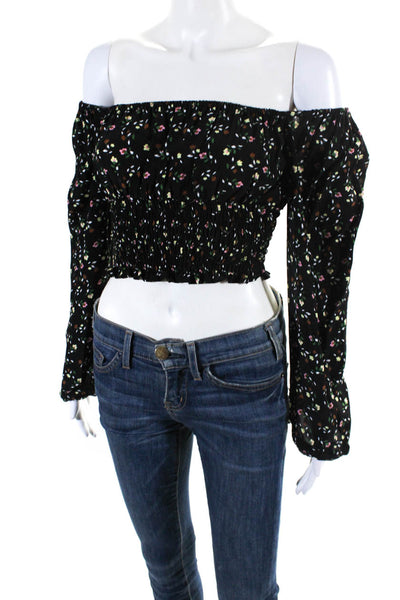 With Jean Womens Long Sleeve Square Neck Smocked Floral Crop Top Black Size XS