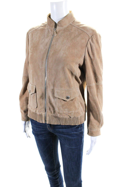 Brooks Brothers Womens Brown Suede Leather Zip Long Sleeve Bomber Jacket Size 8