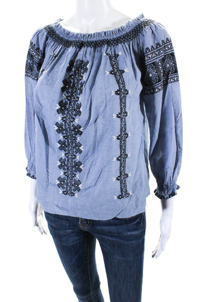 Joie Womens Long Sleeve Off Shoulder Embroidered Blouse Blue Cotton Size 2XS
