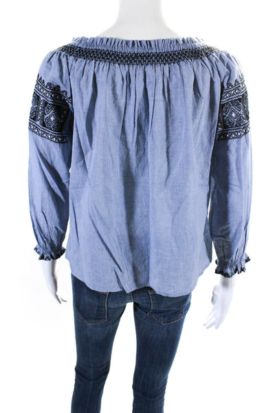Joie Womens Long Sleeve Off Shoulder Embroidered Blouse Blue Cotton Size 2XS