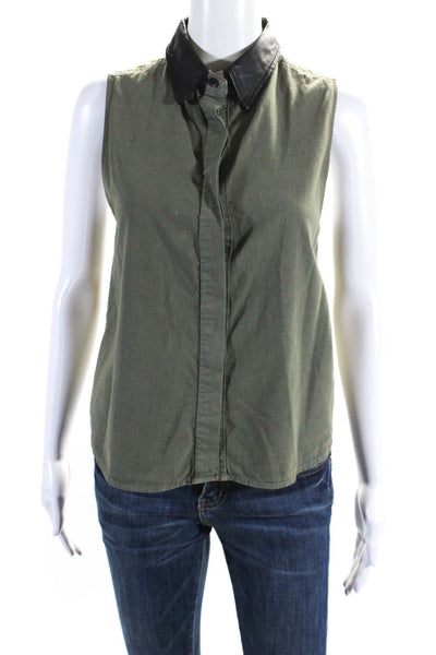 Rag & Bone Jean Womens Button Front Leather Collar Top Green Black Size XS