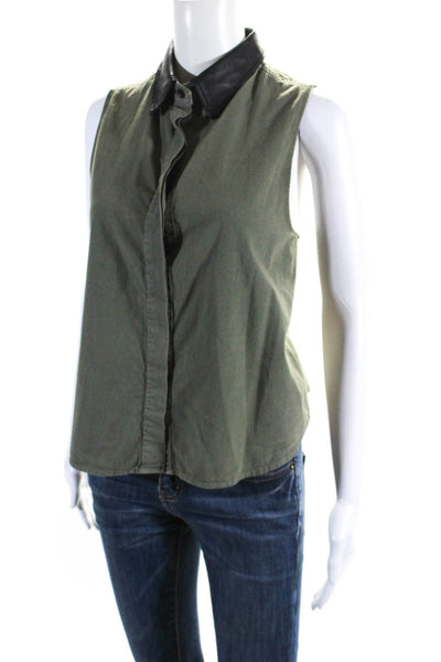 Rag & Bone Jean Womens Button Front Leather Collar Top Green Black Size XS