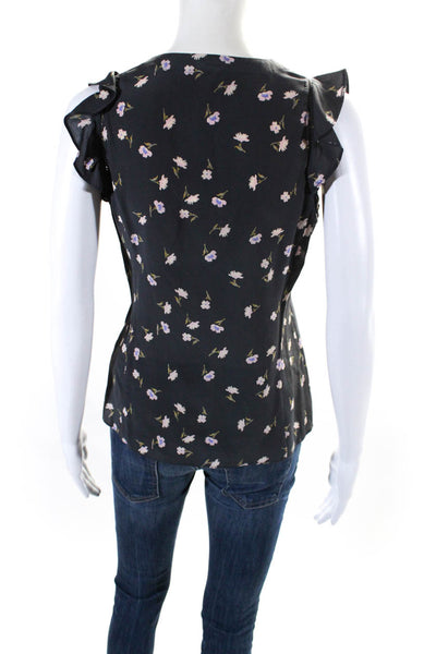 Rebecca Taylor Womens Ruffled Cap Sleeve V Neck Floral Silk Top Gray Pink Size 0