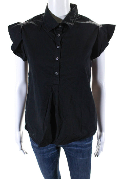 Frame Womens Short Sleeve Half Button Collared Shirt Black Cotton Size XS
