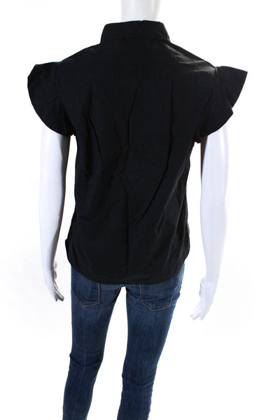 Frame Womens Short Sleeve Half Button Collared Shirt Black Cotton Size XS
