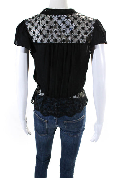 Milly Womens Button Fornt Lace Trim Short Sleeve Silk Top Black Size 2