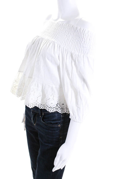 Misa Womens Stretch Cotton Embroidered Off The Shoulder Blouse Top White Size XS