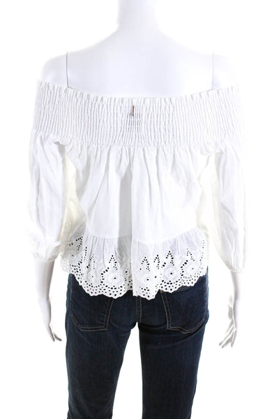 Misa Womens Stretch Cotton Embroidered Off The Shoulder Blouse Top White Size XS