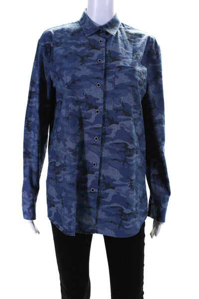 ATM Womens Cotton Camouflage Print Long Sleeve Button Down Shirt Blue Size S