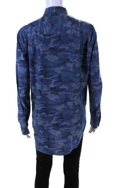 ATM Womens Cotton Camouflage Print Long Sleeve Button Down Shirt Blue Size S
