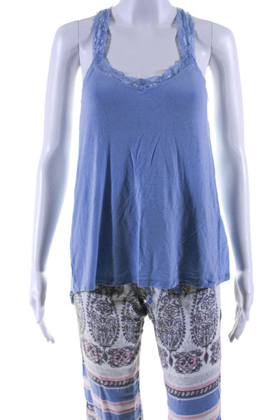 PJ Salvage Women's V-Neck Lace Trim Two Piece Pajama Set Blue Size S