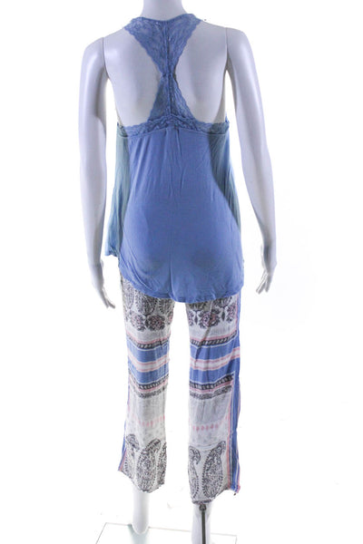 PJ Salvage Women's V-Neck Lace Trim Two Piece Pajama Set Blue Size S