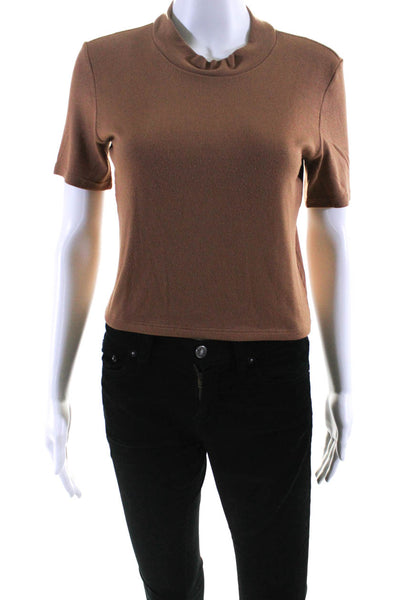 ALIX NYC Womens Stretch High Neck Short Sleeve Cropped T-Shirt Top Brown Size L