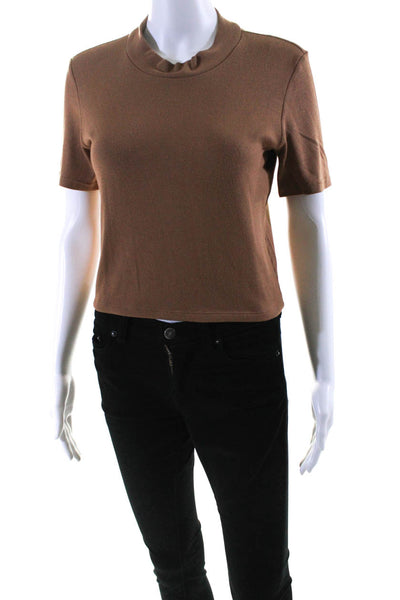 ALIX NYC Womens Stretch High Neck Short Sleeve Cropped T-Shirt Top Brown Size L