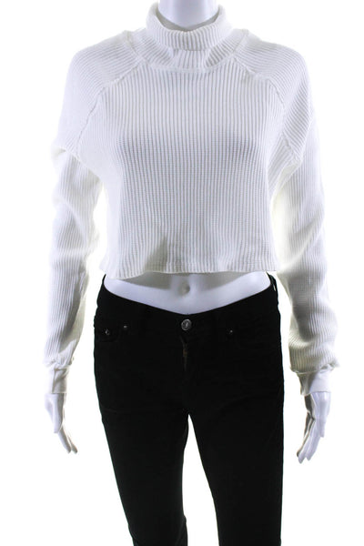 The Range Womens Cotton Textured Long Sleeve Turtleneck Crop Top White Size M