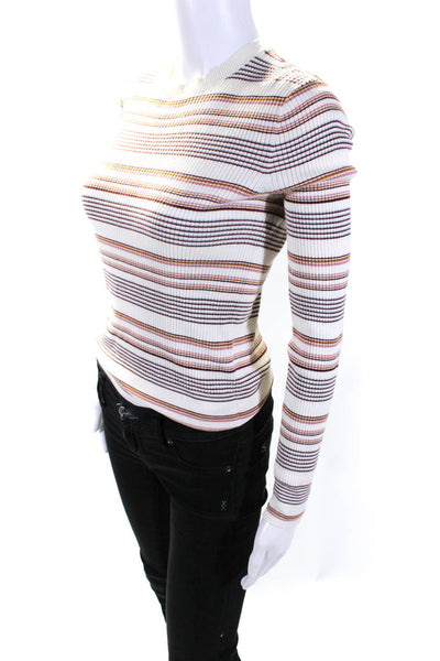 Frame Womens Striped Crew Neck Sweater White Multi Colored Cotton Size Small