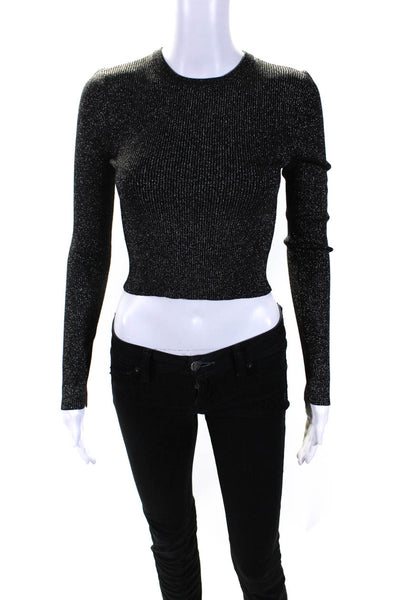 ALC Womens Glitter Ribbed Long Sleeved Round Neck Slim Fit Top Dark Gray Size XS