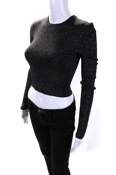 ALC Womens Glitter Ribbed Long Sleeved Round Neck Slim Fit Top Dark Gray Size XS