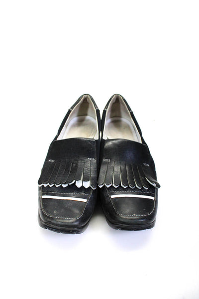 Walter Genuin Womens Leather Fringe Slide On Walking Loafers Black Size 6