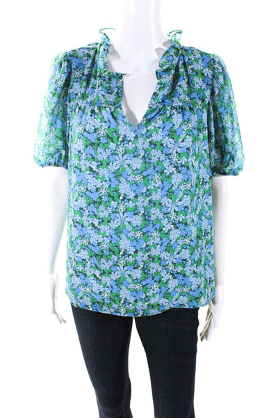 J Crew Womens Floral Print Ruffle Trim Short Sleeve Blouse Top Blue Size S