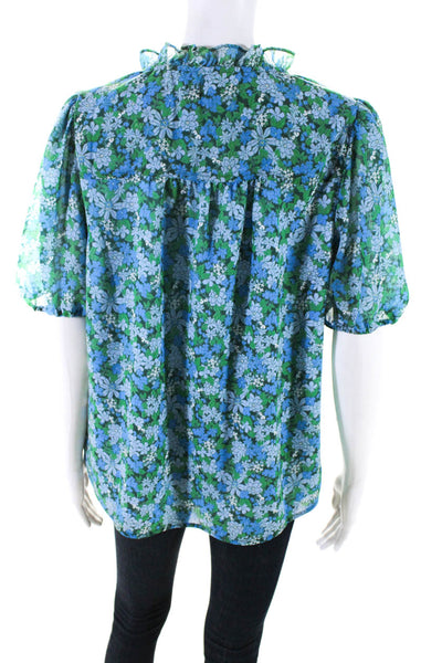 J Crew Womens Floral Print Ruffle Trim Short Sleeve Blouse Top Blue Size S