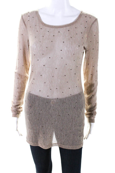 Alice + Olivia Womens Mesh Knit Studded Long Sleeve Unlined Top Brown Size M