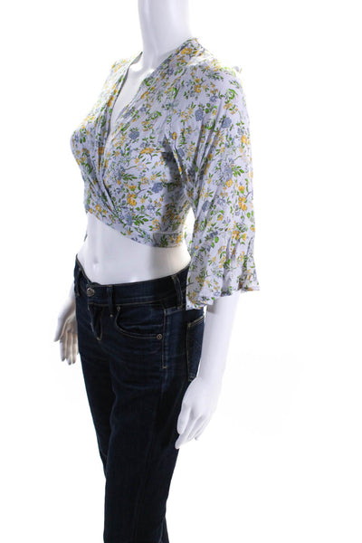 Nightcap Clothing Womens Floral Print Wrapped Tied Cropped Blouse Blue Size XS