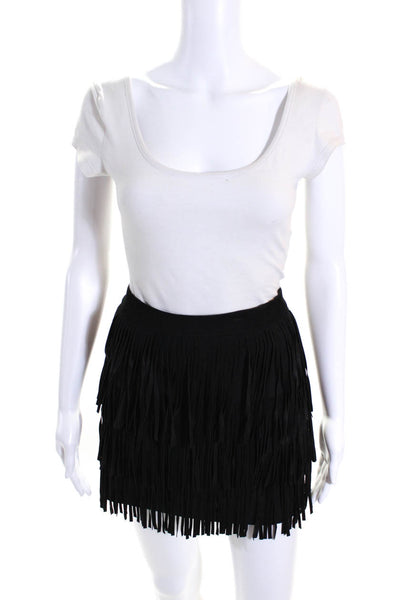 Alice + Olivia Womens Leather Tiered Frayed Textured Zip Mini Skirt Black Size 0