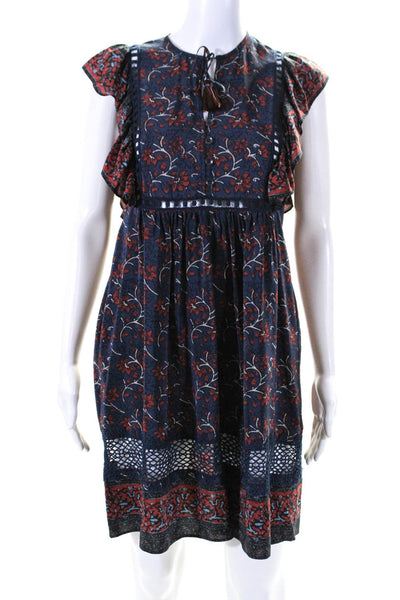 Sea New York Womens Silk Floral Print A Line Dress Navy Blue Red Size 0