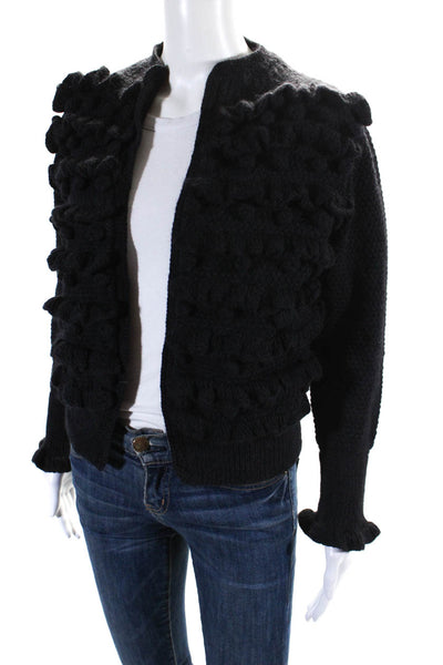 Paula Martini Womens Pom Pom Ruffled Cardigan Sweater Black Size Small