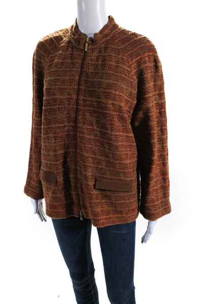 St. John Sport Womens Wool Abstract Print Zipped V-Neck Jacket Orange Size L