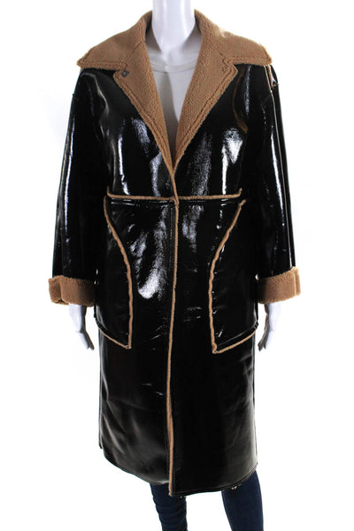 Pellissimo Womens Faux Patent Leather Sherpa Reversible Coat Black Tan Large