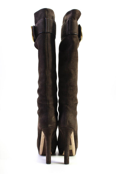 Gucci Womens Leather Gold Tone Belted Knee High Boots Brown Size 37.5 7.5