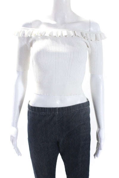 Cinq A Sept Womens Ribbed Stripe Textured Ruffled Round Neck Blouse White Size S