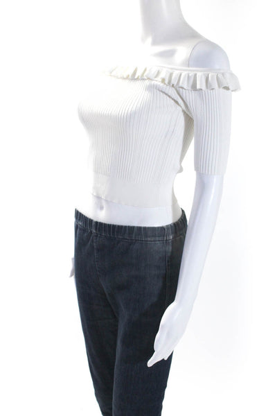 Cinq A Sept Womens Ribbed Stripe Textured Ruffled Round Neck Blouse White Size S
